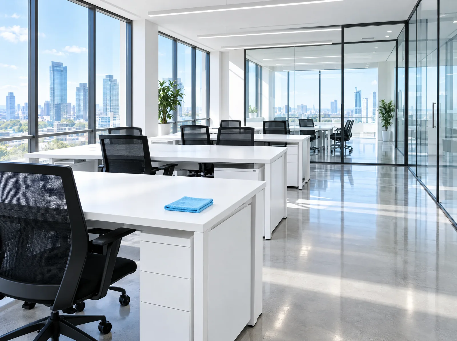 Open-plan office with white desks, black chairs, glass walls and a folded blue cloth on a desk.