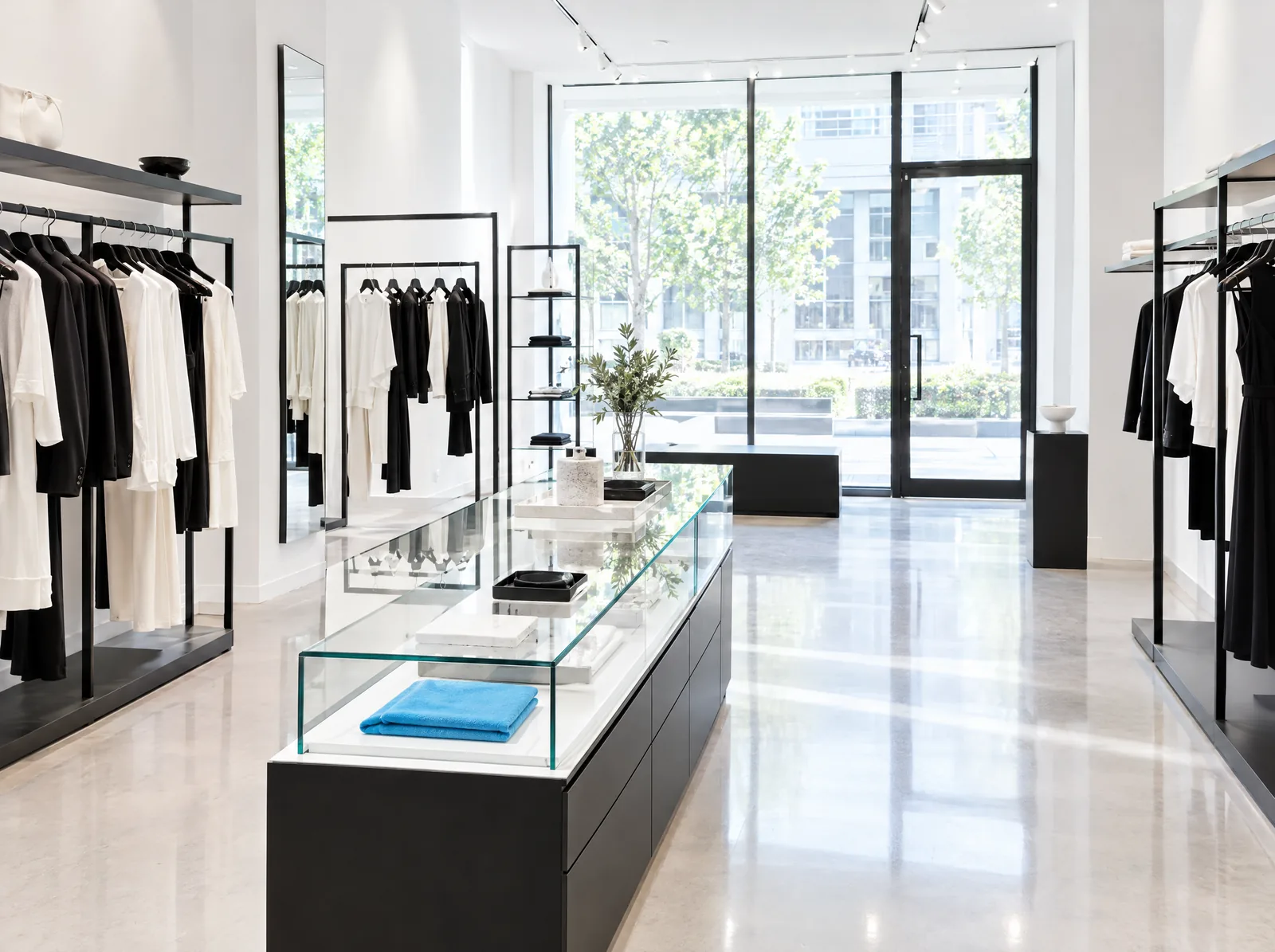 Minimal clothing boutique with polished floors, black fixtures and a glass display case.