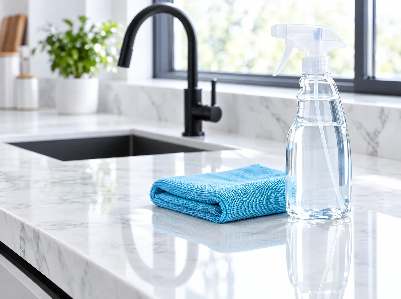 White marble kitchen counter with a black faucet, a folded blue microfiber cloth and a clear spray bottle.