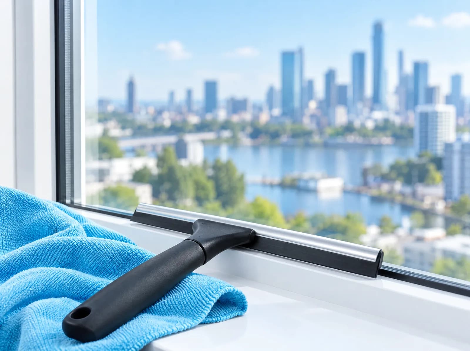 Window squeegee and blue microfiber cloth on a sill with a city skyline through clean glass.